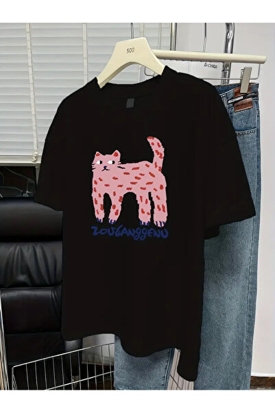 CLASİVA تي شيرت كبير الحجم مطبوع عليه قطة للجنسين مصنوع من القطن بنسبة 100%