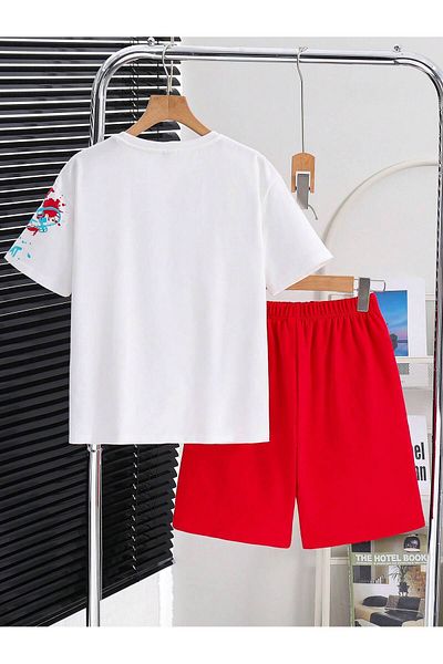 LUNAVISTA Summer Short Sleeve Round Neck Logo Printed T-Shirt and Shorts Set