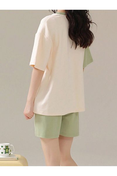 LUNAVISTA Women Casual 2-Piece Set, Short Sleeve Round Neck T-Shirt and Shorts, Cartoon Monster Printed