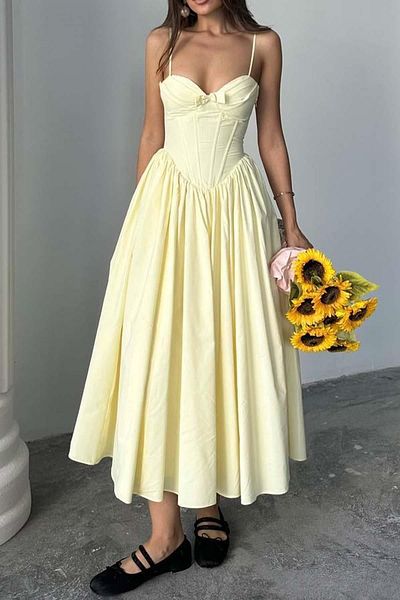 Mine Tan Butik Rochie Midi Poplin de damă cu detaliu Corsaj - Galben