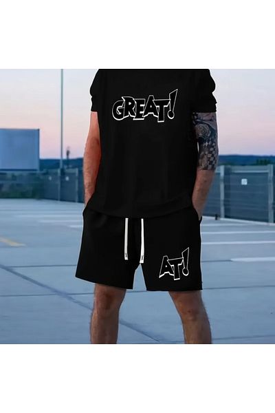 LUNAVISTA Men's 2-Piece Sports Suit with Round Neck Solid Printed T-Shirt and Comfortable and Lightweight Shorts
