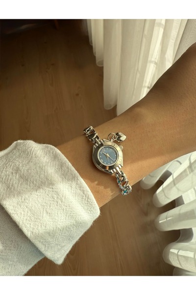 Vola Collection Thin Heart Cord Vintage Steel Silver Minimal Navy Case Women's Wrist Watch with Charms -35