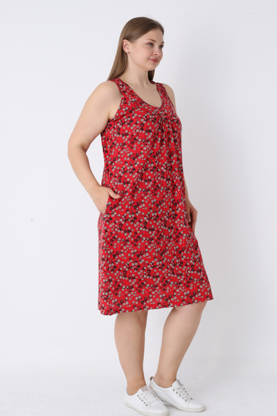İntensive Women's Red Floral Patterned Pocket Strap Plus Size Cotton Dress