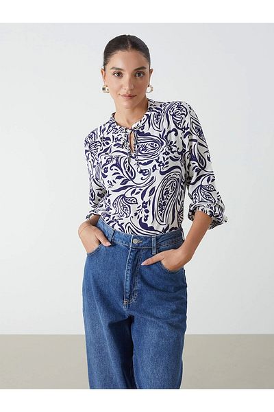 LC Waikiki Lcwaikiki Classic Blue Tie-Up Collar Floral Women's Blouse