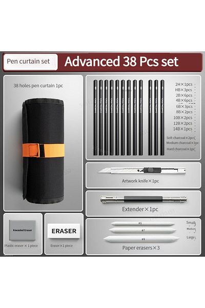 Choice 38Pcs set 27/38/47pcs Sketch Pencils Set Roll Up Canvas Wrap Sketching Pencil Bag Art Drawing Suppli