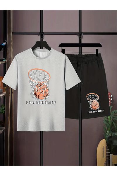 LUNAVISTA Men's Summer Cotton Shorts and Basketball Print Short Sleeve T-Shirt Set