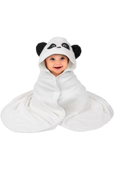 FizioTab Prosop de Baie cu Gluga FizioTab® din Bambus Super Absorbant, 90X100 cm, Model Panda, Alb/Negru