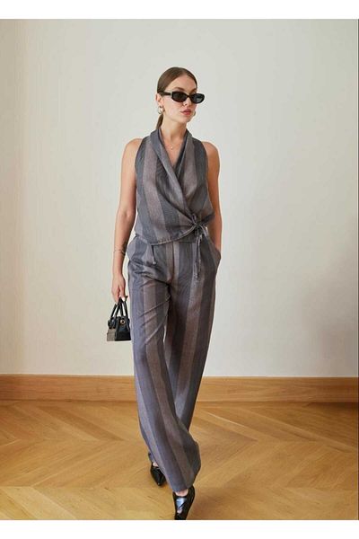 dshee woman Smoked Double Breasted Collar Tie Detailed Suit