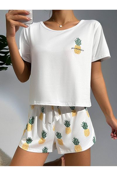 LUNAVISTA Pineapple Print Round Neck Top and Shorts Pajama Set