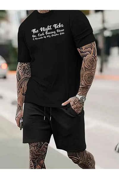 LUNAVISTA Men’S Casual Sportswear Set Letter Printed Round Neck T-Shirt and Lace-Up Shorts Clothing