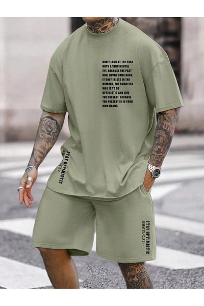 LUNAVISTA Men's 2-Piece Tracksuit Set with Printed Letter Round Neck T-Shirt and Shorts,