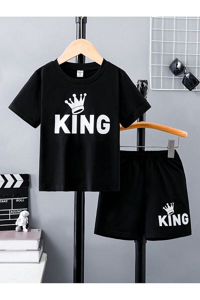 LUNAVISTA Simple Crown Letter Print Short Sleeve T-Shirt and Shorts Set