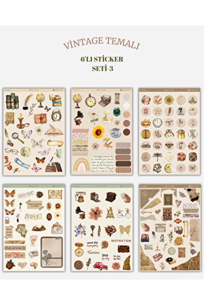 MirayDesign 6’lı Vintage Temalı Sticker Seti – 12x17 cm | Bullet Journal, Scr...
