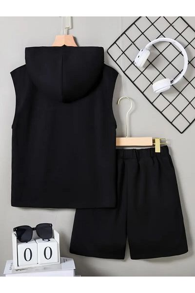LUNAVISTA Summer men's sleeveless sports suit, handsome student, shoulder to shoulder, Hooded jacket and shorts,