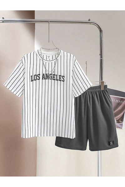 LUNAVISTA Casual Streetwear Clothes Set, Striped Short Sleeve Crew Neck Letter Printed T-Shirt and Shorts