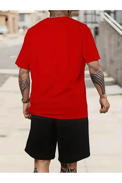 LUNAVISTA Men's 2Pcs Sportswear Elastic Set, Short Sleeve Round Neck Guitar Print T-Shirt and Shorts