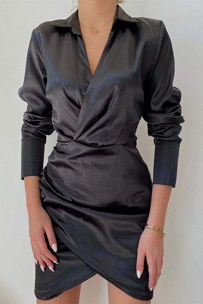 Mine Tan Butik Shirt Collar Double Breasted Cutout Plain Black Dress