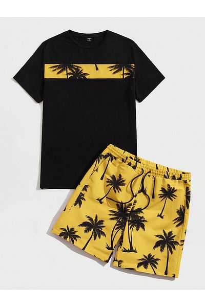 LUNAVISTA Manfinity Vci Men's Tropical Pattern Knitted Multicolor T-Shirt and Lace-Up Shorts Set