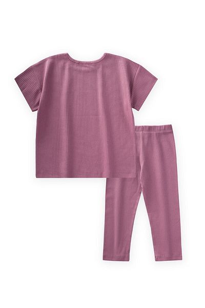 Cigit Stone Embroidered Ribbed Leggings Suit 2-7 Years Fuchsia