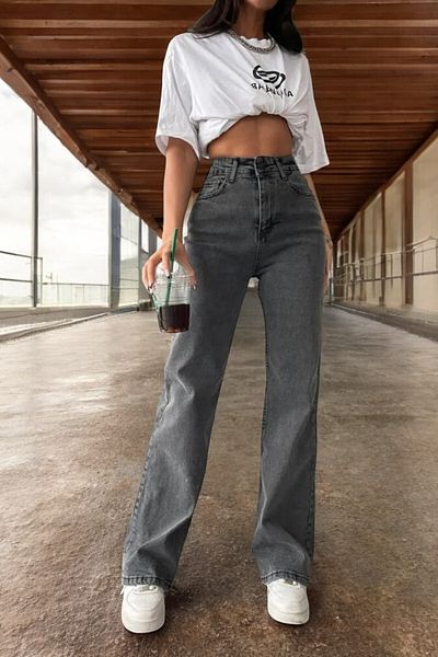 Livik Gabriella Young Girl Smoked High Waist Lycra Comfortable 90's Wide Leg Jean