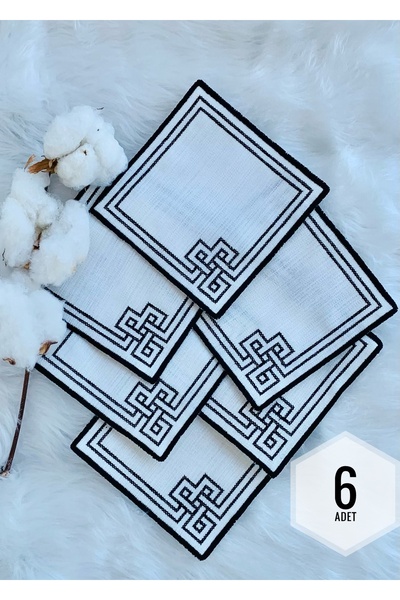 Mora Tekstil Siyah Çerçeveli Kaneviçe Sunum Peçetesi,Kokteyl Peçetesi,Kahve Bardak Altlığı