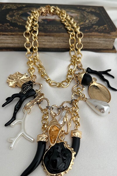 Modex Black and Gold Pearl Detailed Gothic Style Chain Charm Design Necklace