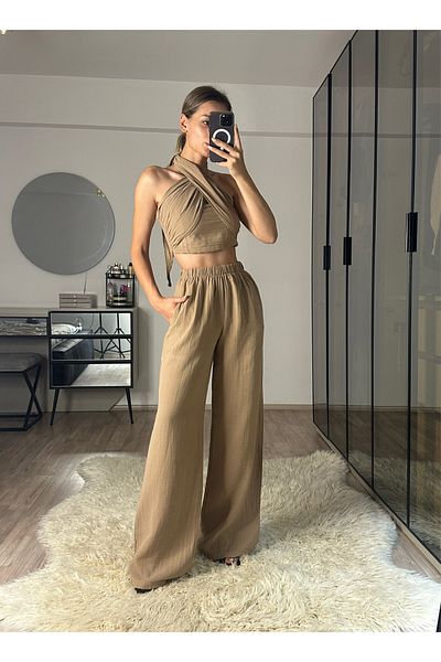 NET OF NOT Mia Mink Muslin Fabric Halter Neck Trousers Blouse Set