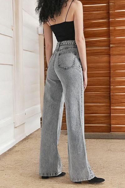 Livik Hailey Women's Smoked Extra High Waist Flexible Waist Pocket Detailed Loose Leg Jeans