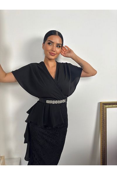 1Moda1Tarz Γυναικείο εισαγόμενο ύφασμα επάνω μέρος σιφόν κάτω μέρος δαντέλα ύφασμα με λεπτομέρεια ζώνης με πέτρες Ειδικό σχέδιο φόρεμα