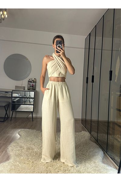 NET OF NOT Mia Ecru Muslin Fabric Halter Neck Trousers Blouse Set