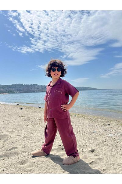 Cigit Pocket Embroidered Shirt Trousers Linen Suit 2-7 Years Old Plum