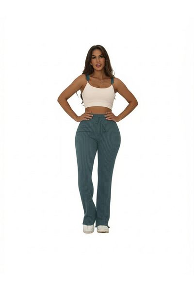 DHDmoda Women's Green Color Slim Ribbed Elastic Sweatpants