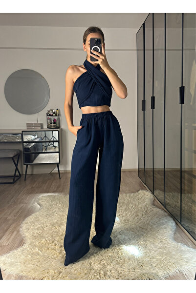 NET OF NOT Mia Lacivert Müslin Kumaş Boyundan Bağlamalı Pantolon Bluz Takım