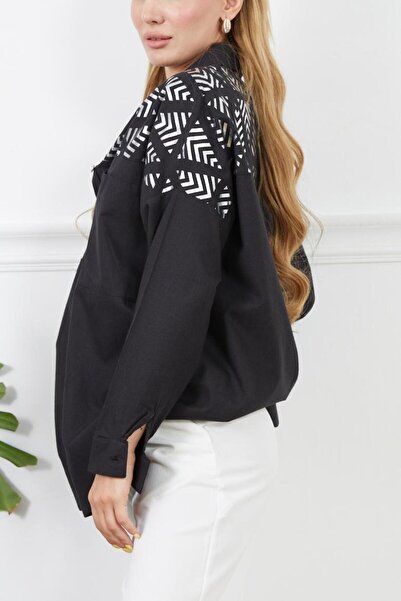 NEW LAVİVA Women's Black Robe Foil Printed Oversized Shirt with Pocket Detail