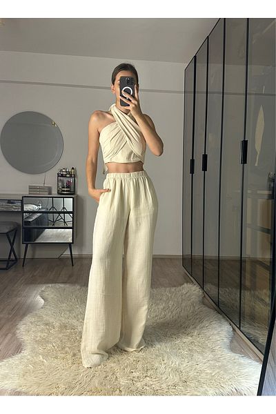 NET OF NOT Mia Ecru Muslin Fabric Halter Neck Trousers Blouse Set