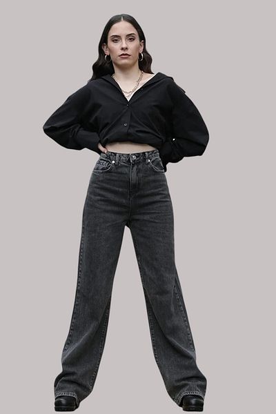 Livik Caroline Women's Smoked Extra High Waist Flexible Waist Pocket Detailed Wide Leg Jeans