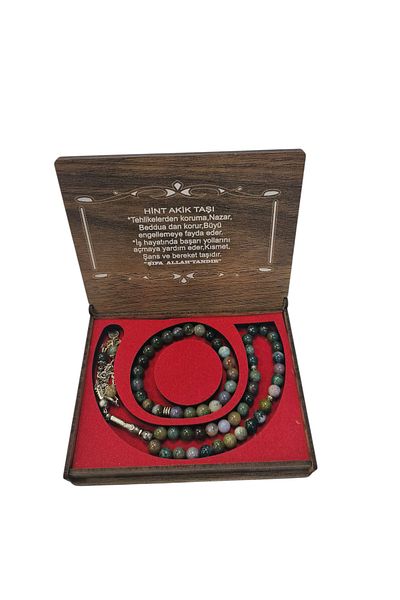 hüseyin ceran Indian Agate Stone Prayer Beads and Bracelet Gift Wooden Box