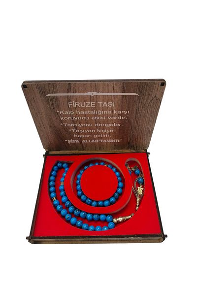 hüseyin ceran Fi̇ruze Stone Prayer Beads and Bracelet Gift Wooden Box