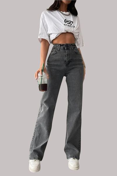 Livik Bella Women's Smoked Extra High Waist Stretch Denim Fabric Loose Leg Jeans