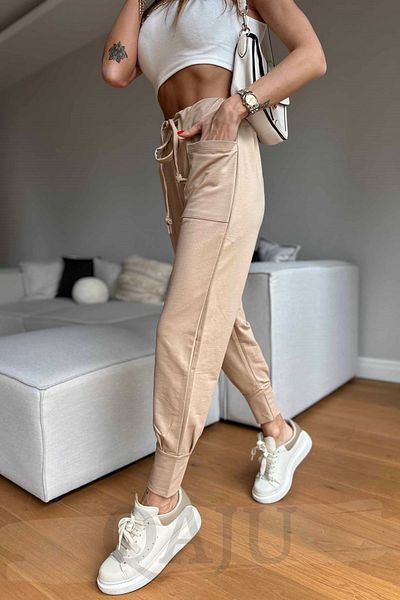 Qaju Women's Rope Tie Pocket Detail Cotton Beige Trousers