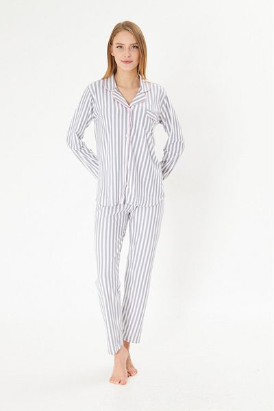 ÇağrıHome Women's 100% Cotton Luxury Viscose Fabric Shirt Collar Buttoned Striped Pink Piping Pajama Set
