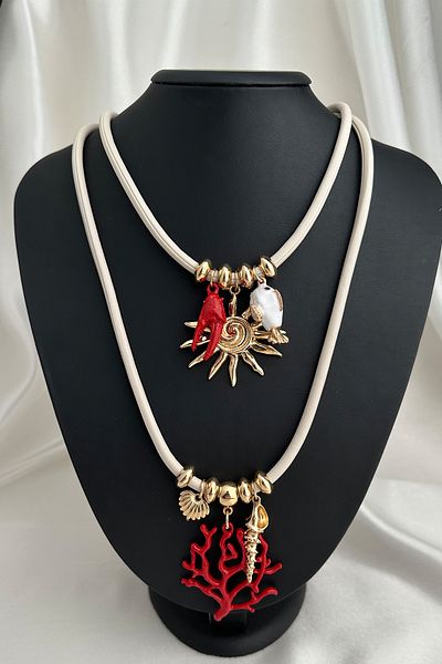 Modex Summer Themed Sea Figured Leather Double Layer Red Coral Detailed Necklace