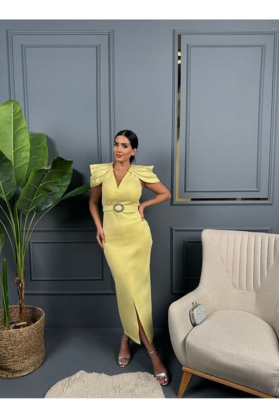 1Moda1Tarz Rochie de damă din țesătură scuba importată, cu detaliu de umăr cu piatră, căptușită cu centură, cu design special