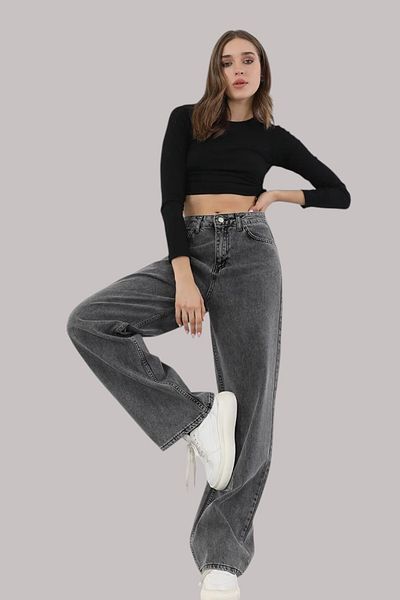 Livik Audrey Women's Smoked Extra High Waist Stretchy Waist Pocket Detailed 90's Loose Leg Jeans