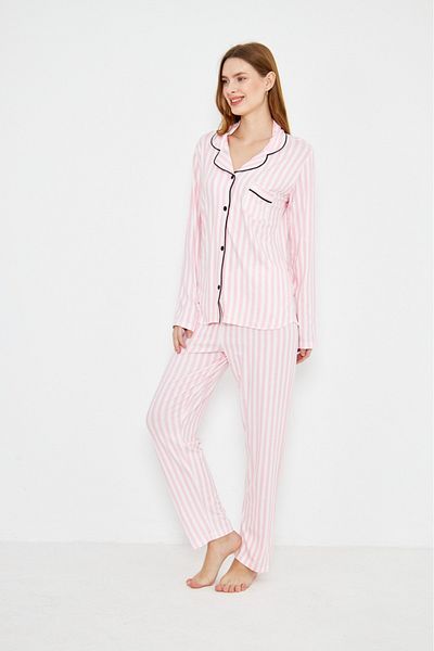 ÇağrıHome Women's 100% Cotton Luxury Viscose Oversize Shirt Collar Buttoned Striped Pink-Piped Pajama Set