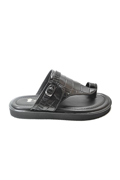 Onlo Ayakkabı Onlo Shoes Genuine Leather Black Toe Flip Flops Men's Slippers