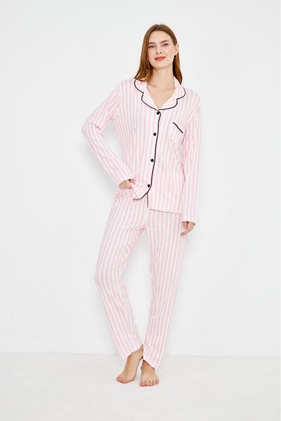 ÇağrıHome Women's 100% Cotton Luxury Viscose Oversize Shirt Collar Buttoned Striped Pink-Piped Pajama Set