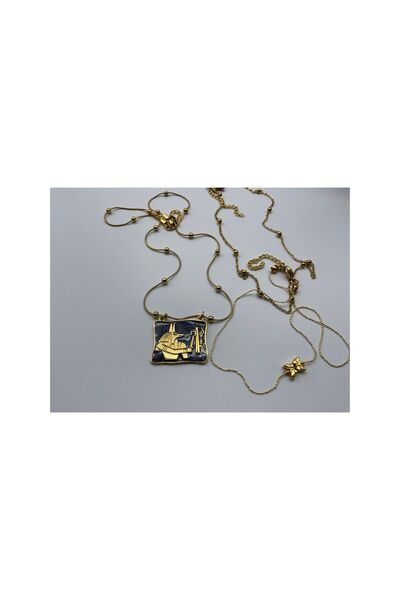 CHIC ANTİK MISIR GOLD SİYAH FİGÜRLÜ TOP ZİNCİRLİ KELEBEK UÇLU ÇOKLU KOLYE