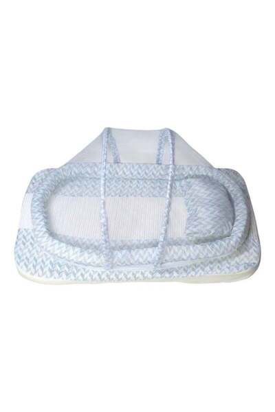 BabyCara Baby Net Bed with Thick Mattress Mosquito Net & Neck Pillow for New Born Babies 80x50x5cm Blue