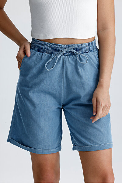 VOSSAX Women's Elastic High Waist Flexible City Shorts Blue